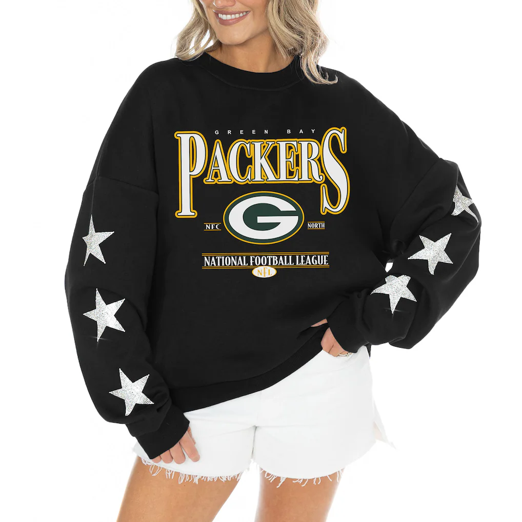 Women's Green Bay Packers Gameday Couture Black Rhinestone Star Sleeve Settle the Score Oversized Tri-Blend Pullover(Run Small)